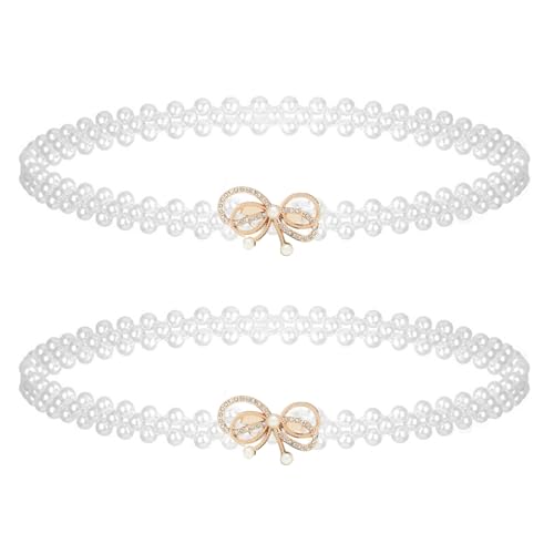 auwiyd Elegant Rhinestone Pearl Elastic Waistband Luxury Bow Belt Dress Crystal Waist Strap Pearl Waistband for Women and Girls Fashion Bow Dress Belt Skirt Clothing Decoration 2 PCS, White