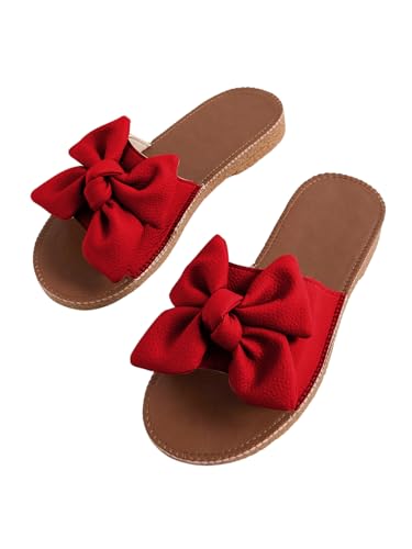Image of Verdusa Women's Bow Flat Sandals Leather Open Toe Flats Summer Vacation Shoes Beach Sandals Outdoor Slippers