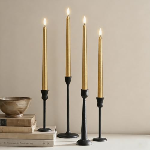 Image of Gold Flameless Taper Candles with Remote, Flickering Battery LED Candlesticks Wedding Home Decor Set of 4