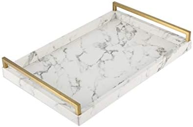 WV Coffee Table Serving Tray Faux Leather White Marble Finish with Brushed Gold Stainless Steel Handle for Living Room (White)