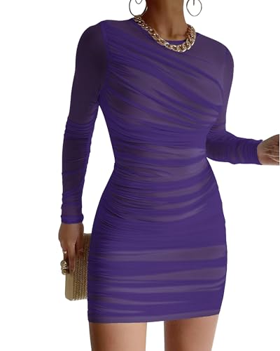 Image of MOEENCN Women's Sexy Mesh Dress Square Neck Long Sleeve Ruched Printed Bodycon Party Club Cocktail Mini Dresses