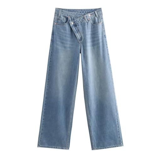 Vintage Mom Jeans British Minimalist Asymmetrical Waist Loose Jeans Women Boyfriend Style Washed Denim Pants