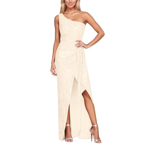 Vestido Sin Mangas con Lentejuelas Y Hombros Descubiertos for Mujer(Beige,XL)