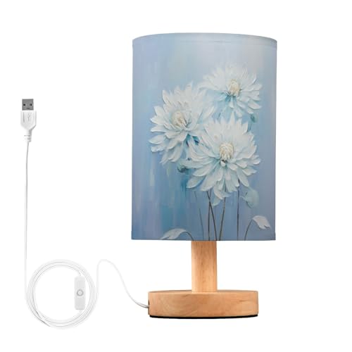 OWFKAY Lámpara de mesa LED para dormitorio, luz blanca, flor azul, con puerto USB, pequeña, moderna, decorativa, sala de estar