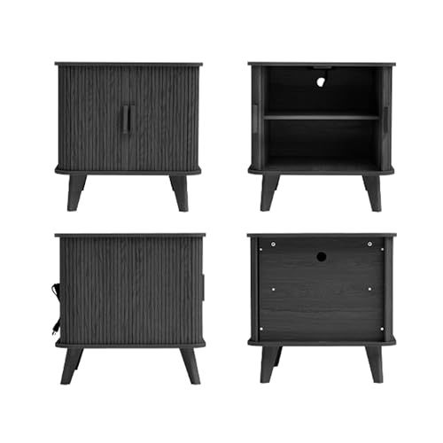 Image of 24 inch Square Side Table with Charging Station, Fluted Nighstand with Storage & Sliding Door, Large Wood End Table for Bedroom, Living Room (Square, Black)