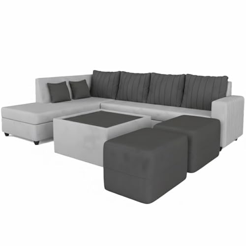 Image of CASASTYLE Stylano 8 Seater Fabric LHS L Shape Sofa Set with 1 Centre Table & 2 Ottoman (Dark Grey-Light Grey) 8-Person Seating with Premium Velvet Finish