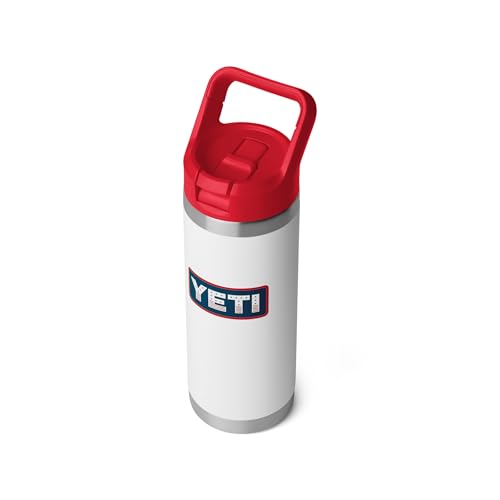 Image of YETI Rambler 18 oz Bottle, Vacuum Insulated, Stainless Steel with Color Matching Straw Cap, White /Rescue Red /Badge
