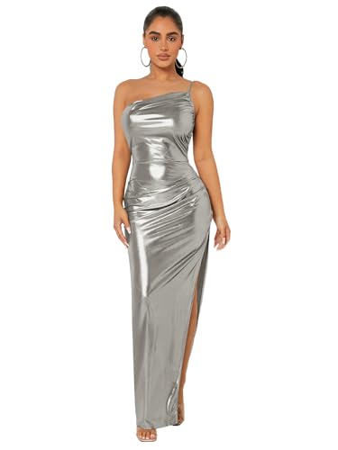 Floerns Women's One Shoulder Sleeveless Ruched Slit Hem Metallic Bodycon Long Dress Silver M