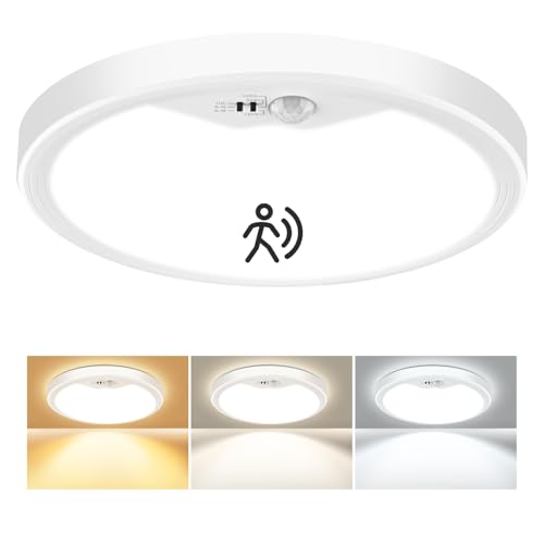Oumida Plafoniera LED Soffitto con Sensore di Movimento, 2700K/4000K/6500K 18W Lampadario con Sensore, 1800LM IP44 Plafoniera LED Soffitto per Corridoio, Scale, Garage, Balcone (22cm)