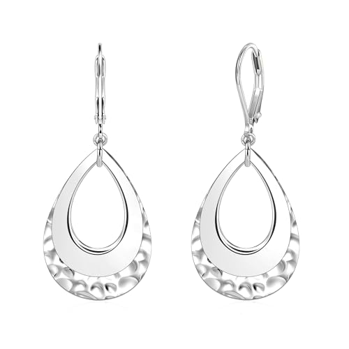 Sterling Silver Teardrop Dangle Earrings for Women Sliver Layer Leverback Hammered Dangle Earrings Jewelry Hypoallergenic Waterdrop Leverback Dangle Earring for Gifts
