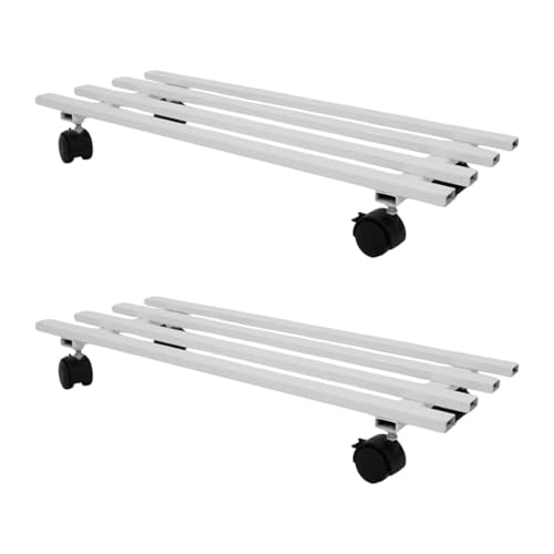 Image of BonKaso Rectangular Metal Plant Stand (Set of 2) with Wheels for Indoor & Outdoor Use (60x 22.9 x7.6 Cm) | Heavy Duty Flower Pot Holder | Holds Up to 100kg | Corner Plant Rack for Heavy Plants - White