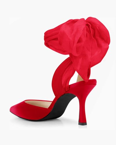 Image of Womens Lace up Satin Heels Bow Pointed Closed Toe Bridal Dress Shoes Low Heel Wedding Elegant Pumps
