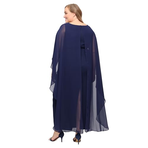 Image of Alex Evenings Women's Plus Size Long Crepe Mother of the Bride Column Dress with Embellished Illusion Neckline & Capelet Sleeves
