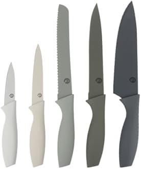 MasterChef Knife Set of 5 Kitchen Knives for Cooking (Paring, Utility, Bread, Carving & Chef Knives), Professional Sharp Stainless Steel, Non Stick Blades & Soft Touch Handles, Earth, 5 Piece