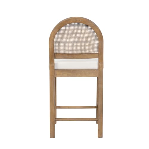 Image of Nathan James Bailey 29 in. Boucle Bar Stool with Back, Bar Height Chair with Natural Woven Rattan Back and Solid Wood Legs, Light Brown, Set of 2