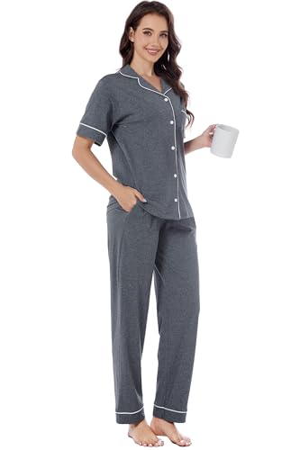 Image of LUBOT 100% Cotton Pajamas for Women Pajama Set Soft 2 Piece Sleepwear PJ Set Long Sleeve Button Knit Cozy Loungewear XS-XXL