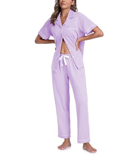 Image of CF Womens 100% Cotton Pajamas Set Button Down Pjs Sets Short Sleeve Top & Long Pants Sleepwear Comfy Loungewear with Pockets