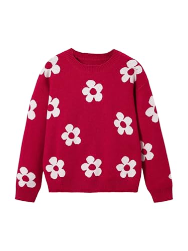 Image of BEAUDRM Girl's Cute Bow Sweater Crew Neck Long Sleeve Drop Shoulder Loose Pullover Tops