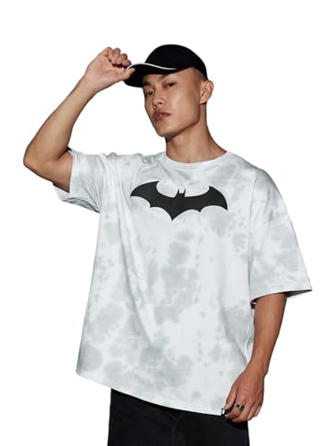Image of The Souled Store Men Official Batman: Bat Signal Tie Dye Grey Printed Oversized T-Shirts