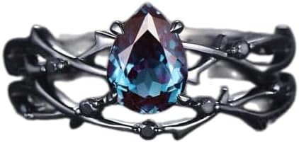 Rhodium Black Pear Alexandrite Engagement Ring Set, Unique Black Gold Twig Branch Wedding Promise Ring Black Diamond Bridal Ring Set