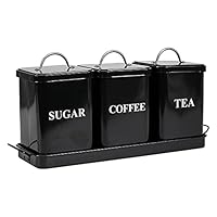 Lot De 3 Boîtes De Cuisine Rétro Noires Avec Couvercles En Bois - Pour Café, Sucre, Thé - Avec Plateau En Métal