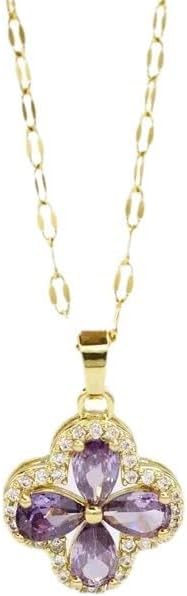 18K Gold Plated Purple Flower Pendant Necklace – Dainty Four-Petal Design with Cubic Zirconia Accents, Elegant Chain Jewelry