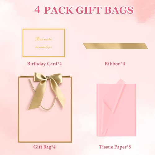 Image of JMANNI Gift Bags with Handles, 13 inch Medium Gift Bag for Presents, 4 Pcs Bags with 8 Tissue Paper and 4 Cards for Baby Shower Wedding Bridal Shower Mother's Day Birthday Party(pink)