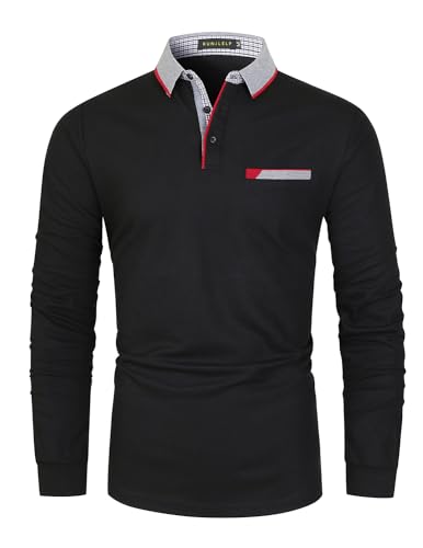 KUNJLELP Polo con Bolsillo Hombre Manga Larga Chic Cuello a Cuadros Camiseta Golf Otoño Invierno Oficina Uniformes,A-Negro,L