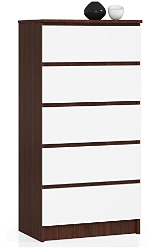 AKORD Commode K60 avec 5 tiroirs | Commode Classique pour La Chambre, Salon | Meuble de Rangement | L60 x H121 x P40 cm | Poids 39 kg | Wengé/Blanc