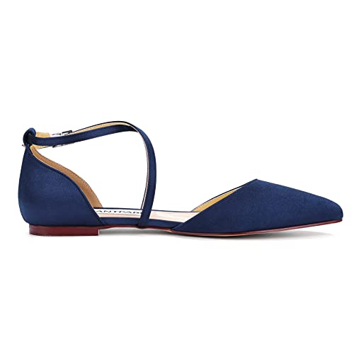 Image of ELEGANTPARK FC2322 Comfortable Satin Pointed Toe Flats for Women Ankle Straps Wedding Flats for Bride Shoes Evening Party Guest Shoes for Women Dressy Low Heel