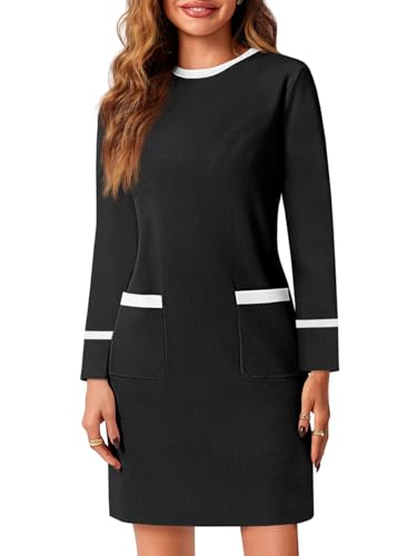Wenrine Womens Work Dress Business Casual Contrast Color Elegant Long Sleeve Knit Loose Mini Dress
