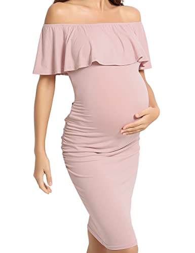KIM S Ruffle Maternity Dress Baby Shower Dress Maternity Dress for Photoshoot Bodycon Maternity Dress Formal Maternity Dress Summer Pink L