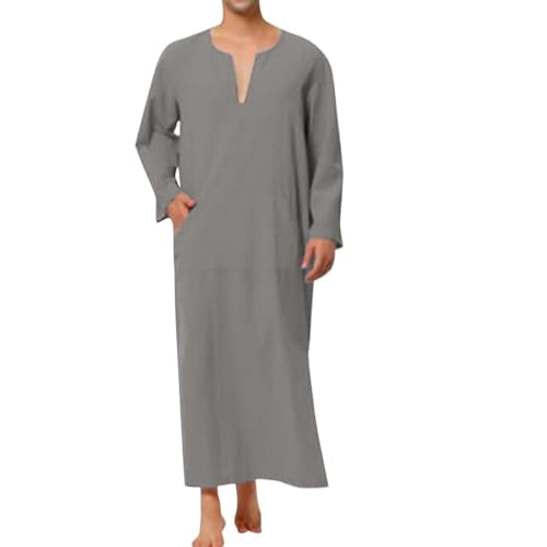 Muslim Thobe for Men Caftans Big and Tall Mens Arab Thobe with Pockets Long Sleeve Gown Soft Robe Ethnic Clothes