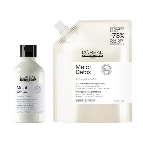 L'Oréal Professionnel, Rutina Con Champú Metal Detox 300 ml y Recambio 500 ml, Para Cabello Dañado y/o Teñido, Color Duradero y Brillante, Cabello Más Fuerte, Sin Rotura, Serie Expert