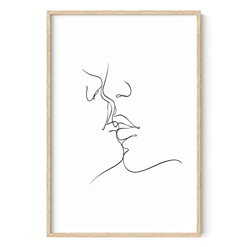 HAUS AND HUES Couple Kissing Wall Art Outline Poster - Woman Silhouette Minimalist Decor Bedroom Line Art (Beige Frame, 24x36)