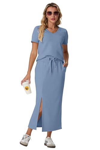 Image of GRECERELLE Women Summer Casual 2 Piece Sets V-Neck Wrinkle-Free Top & Elastic Waist Midi Side Slit Skirt with Pockets