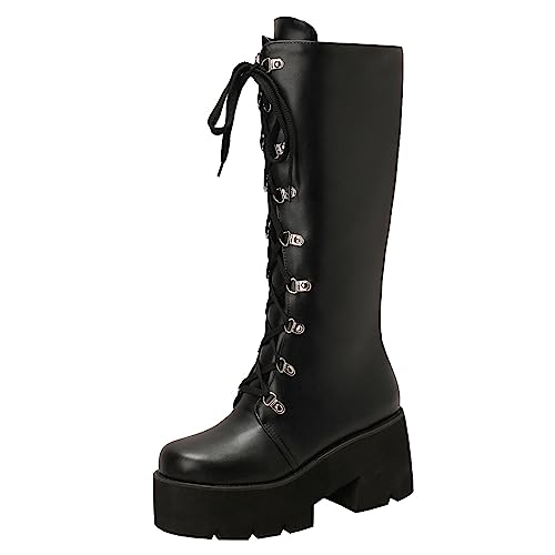 Image of Parisuit Women's Knee High Goth Platform Boots Lace Up Combat Boots | Chunky High Heel, Buckle Boots, Punk Chain Boots
