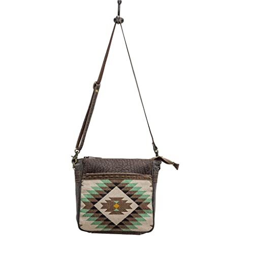 Myra Bag Canvas Zipper Bag - Delcatty Leather, Rug, and Canvas Crossbody Bag for Women, Aztec Design in Hues of Green, Brown, and Yellow, Zipper Pouch with Adjustable Strap4