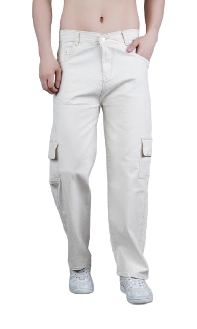Loose Fit Cargo Denim Jeans, Beige, Multiple Pockets-image-27
