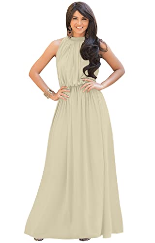 KOH KOH Womens Long Sleeveless Bridesmaid Halter Neck Wedding Party Guest Flowy Slimming Semi Formal Elegant Gala Ball Evening A-line Tall Gown Maxi Dress, Nude Champagne Brown M 8-10