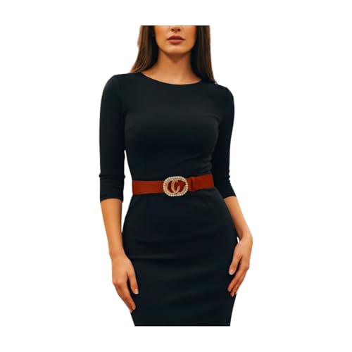 Women’s Brown Skinny Fashion Belt – Stretch Waistband with Gold CC Rhinestone Buckle – Adjustable High Waist or Hip Belt Fits S/M Waist WB3