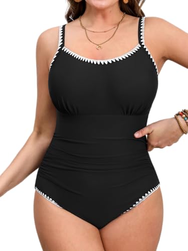 CUPSHE Women's Plus Size One Piece Swimsuit Curvy Shell Stitched Bathing Suit Tummy Control Ruched Scoop Neck Swimwear