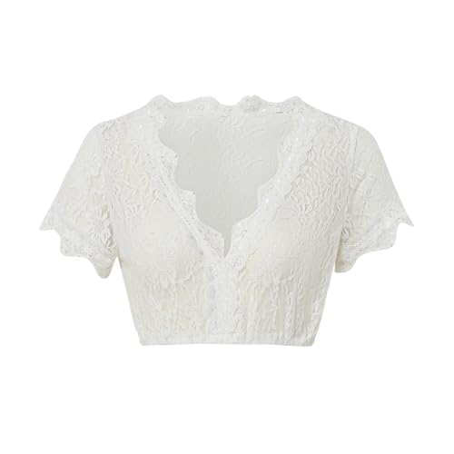 Stciqok Women German Dirndl Blouse Bavarian Oktoberfest Costume Short Sleeve Lace U Neck White Dirndl Shirts Crop Tops(White-2 S)