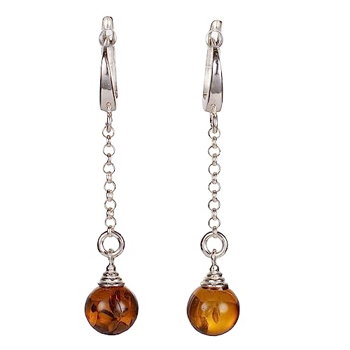 Amber Earrings - Sterling Silver Baltic Honey Amber English Lock Dangling Earrings 'Elidee' - Sterling Silver Jewelry Collection