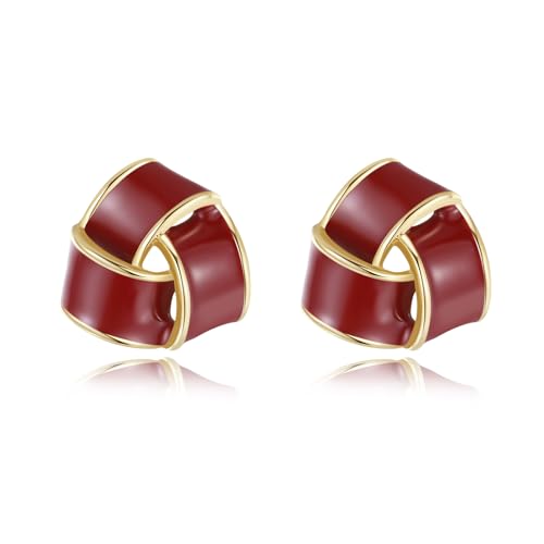 Red Enamel Stud Earrings Elegant Triangle Love Knot Vintage Design for Women