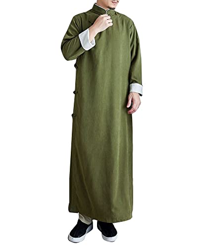 GUOCU Homme Printemps Automne Confortable Tang Costume Robe Longue Col Montant Couleur Unie Caftan Vêtements d'arts Martiaux Kung Fu Robe Long Manteau armée Verte XL Cover