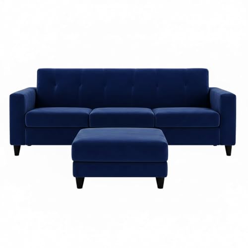 Image of Homeboy 4 Seater L Shape Sofa Set with Movable Ottoman | Flexible Left or Right Layout | Luxe Velvet Suede Fabric | Comfortable Seating | Modern Sofa for Living Room -Dark Blue