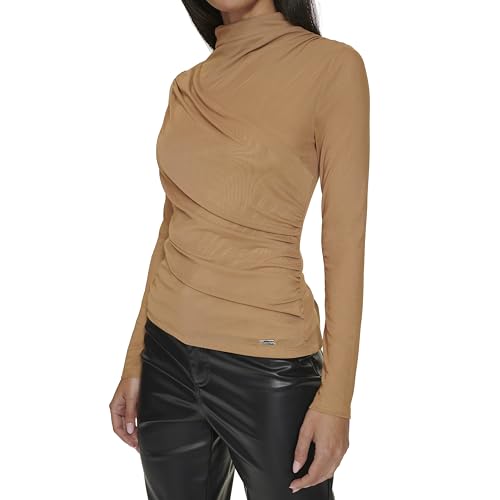 Image of Calvin Klein Women's Mockneck Draped Front Long Sleeve Top