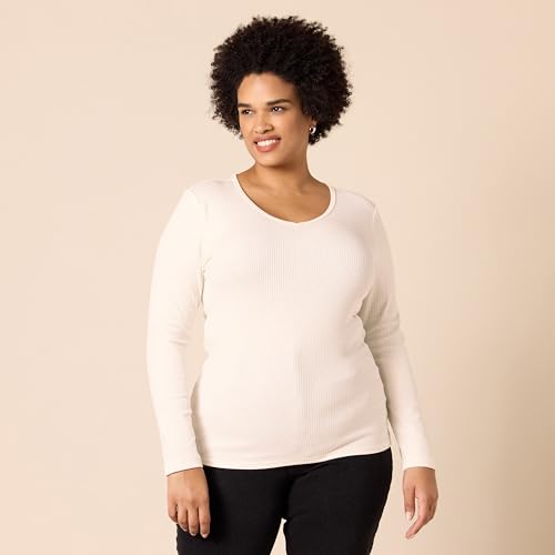 Image of Amazon Essentials Women's Slim-Fit Long Sleeve V-Neck Knit Rib Shirts, Pack of 2
