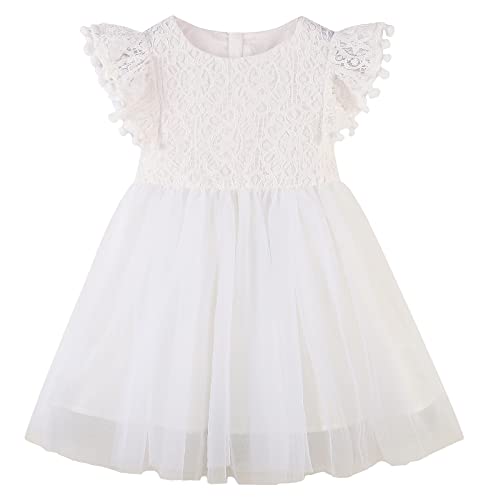Image of RJXDLT Toddler Girl Dress Baby Girl Tulle Dress Flutter Sleeve Tutu Flower Girl Dress 6 Years White 396